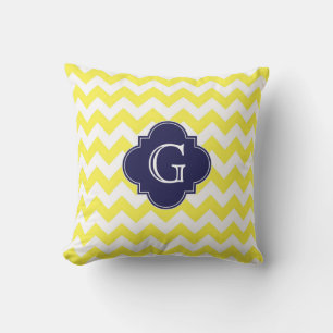 Geel Wht Chevron Navy Blauwe Quatrefoil Monogram Buitenkussen