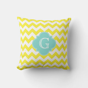 Geel Wht Chevron Zigzag Aqua Quatrefoil Monogram Kussen