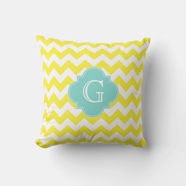 Geel Wht Chevron Zigzag Aqua Quatrefoil Monogram Kussen (Voorkant)