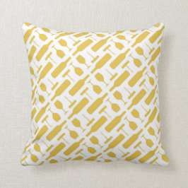 Geel wijnflesglas en geel schroefpatroon kussen