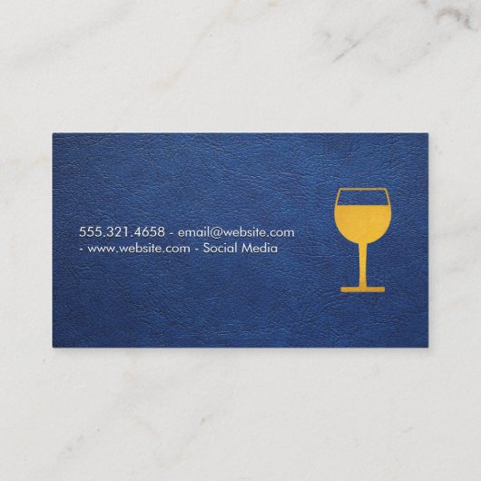 Geel wijnglas | Blauw leder Visitekaartje (Achterkant)