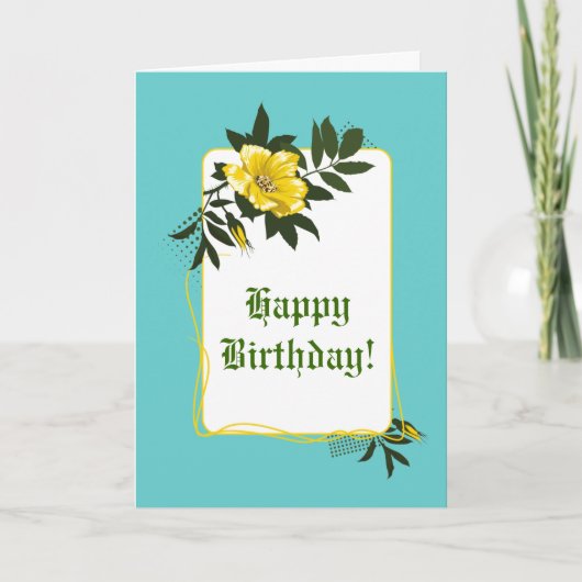 Geel wild roos aqua floral Happy Birthday Kaart (Voorkant)