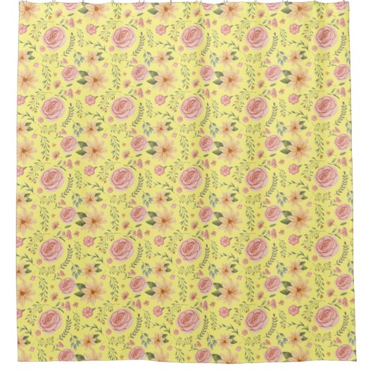 Geel  Wildflower Roos Pattern Douchegordijn (Voorkant)