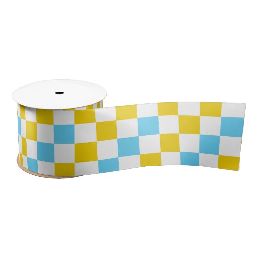 Geel Wit Blauw Geruit Ontwerp  Satijnen Lint (Spoel)