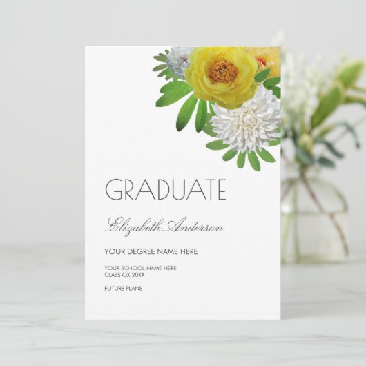 Geel & Wit Bloemen Afstuderen Aankondiging (Staand voorkant)