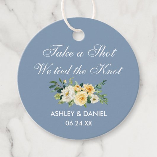 Geel Wit Bloemen Huwelijk Stoffig Blauw Flesje Lab Bedankjes Labels (Voorkant)