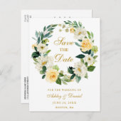 Geel Wit Bloemen Krans Goud Save the Date Aankondigingskaart (Voorkant / Achterkant)
