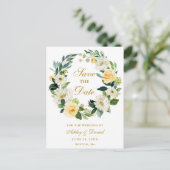 Geel Wit Bloemen Krans Goud Save the Date Aankondigingskaart (Staand voorkant)