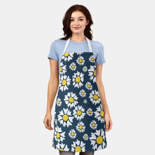 geel & wit Bloemen op blauw All-Over Print Schort (Gedragen)