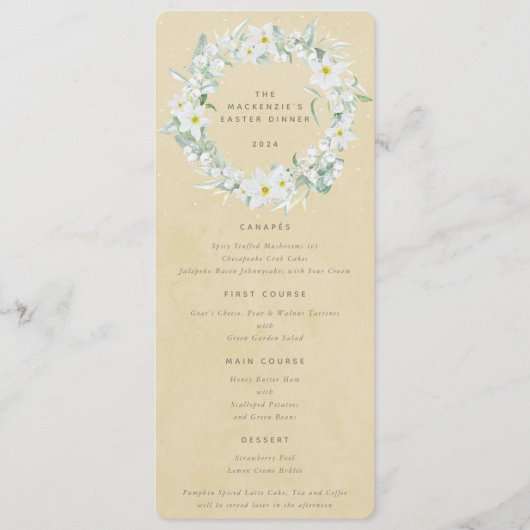 Geel Wit Bloemen Pasen krans Flat 4 gangen Menu (Voorkant)