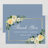Geel Wit Bloemen Stoffig Blauw Bruiloft Bedankkaart (Voorkant / Achterkant)