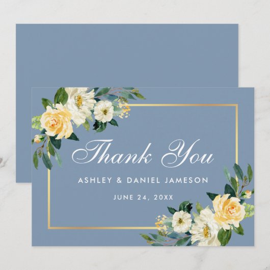 Geel Wit Bloemen Stoffig Blauw Bruiloft Bedankkaart (Voorkant / Achterkant)
