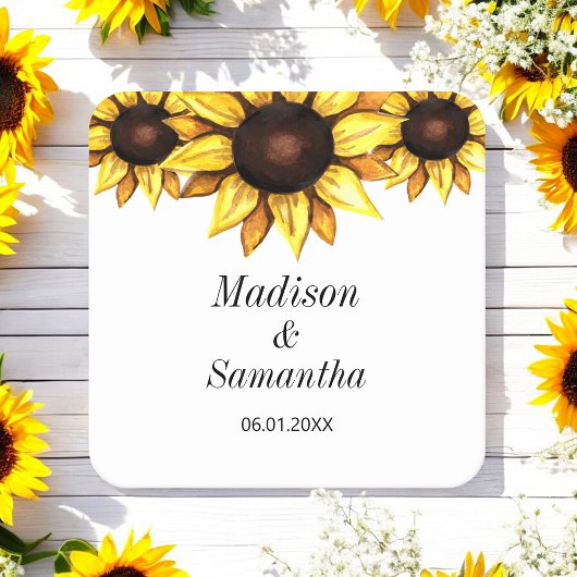 Geel Wit Bruid Bruidegom Zonnebloem Huwelijk Kartonnen Onderzetters