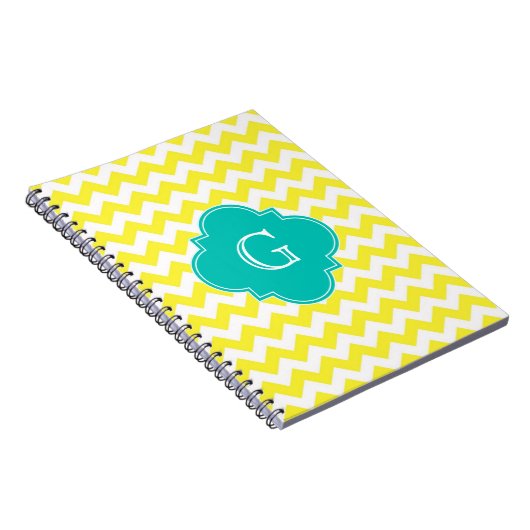 Geel wit Chevron Blauwgroen Quatrefoil Monogram Notitieboek (Rechterzijde)