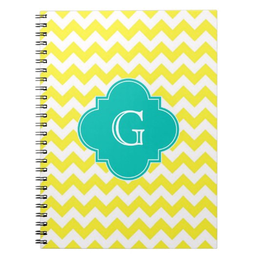 Geel wit Chevron Blauwgroen Quatrefoil Monogram Notitieboek (Voorkant)