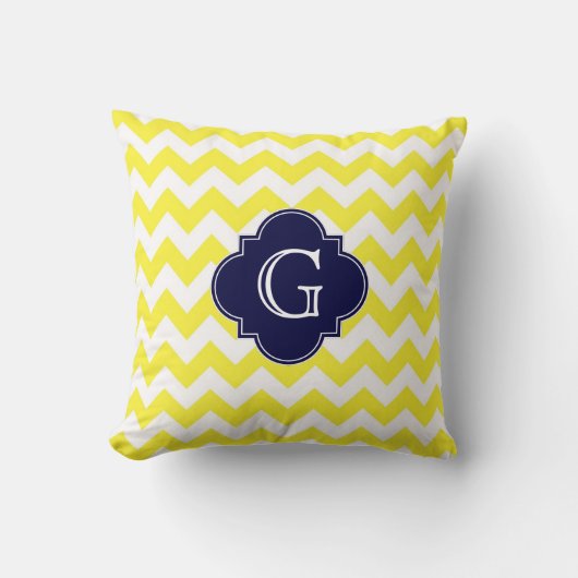 Geel Wit Chevron Marineblauw Quatrefoil Monogram Kussen (Voorkant)