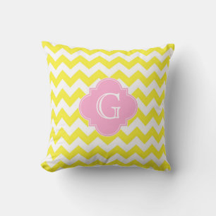 Geel wit Chevron Roze Quatrefoil Monogram Kussen