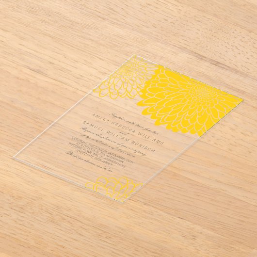 Geel Wit Chrysanthemum Stijlvolle Eenvoudige Huwel Acryl Uitnodigingen (Laagn)