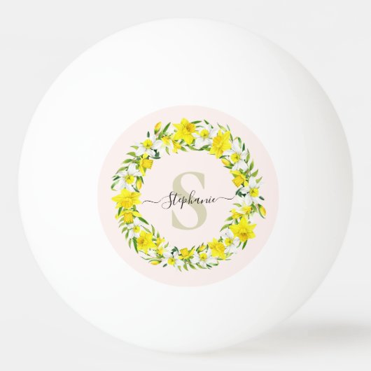 Geel wit Daffodil Garland Monogram Naam Pingpongbal (Voorkant)