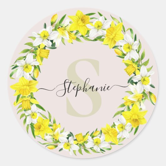 Geel wit Daffodil Garland Monogram Naam Ronde Sticker (Voorkant)