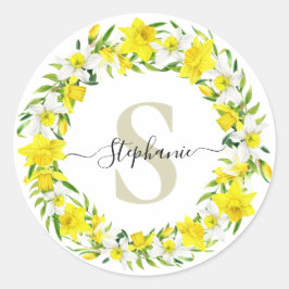 Geel wit Daffodil Garland Monogram Naam Ronde Sticker