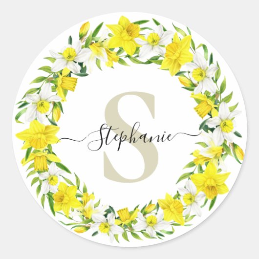 Geel wit Daffodil Garland Monogram Naam Ronde Sticker (Voorkant)