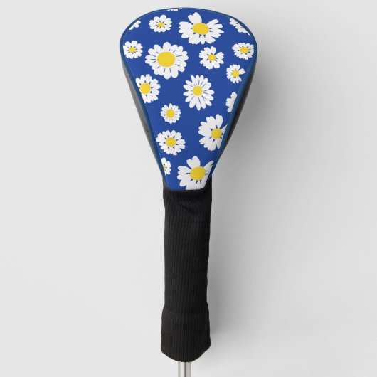 Geel Wit Daisy Bloem Patroon op Blauw Golfheadcover (Voorkant)