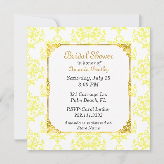 Geel & Wit Damask Bruids Douche Uitnodiging (Voorkant)