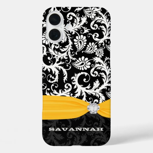 Geel & Wit Damask Gedrukt Faux Rhinestone Case-Mate iPhone Case (Achterkant)
