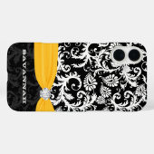 Geel & Wit Damask Gedrukt Faux Rhinestone Case-Mate iPhone Case (Achterkant (horizontaal))