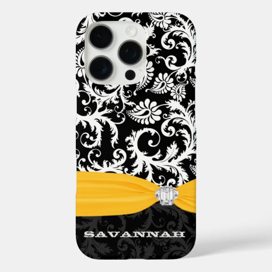 Geel & Wit Damask Gedrukt Faux Rhinestone Case-Mate iPhone Case (Achterkant)