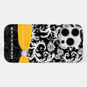 Geel & Wit Damask Gedrukt Faux Rhinestone Case-Mate iPhone Case (Achterkant (horizontaal))