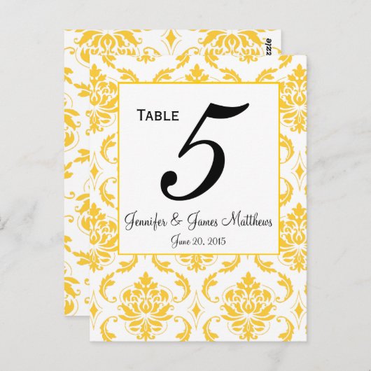Geel Wit Damask Trouwtafel Nummer Kaarten (Voorkant / Achterkant)