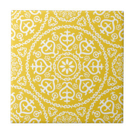 Geel & wit elegant ingewikkeld geometrisch patroon tegeltje