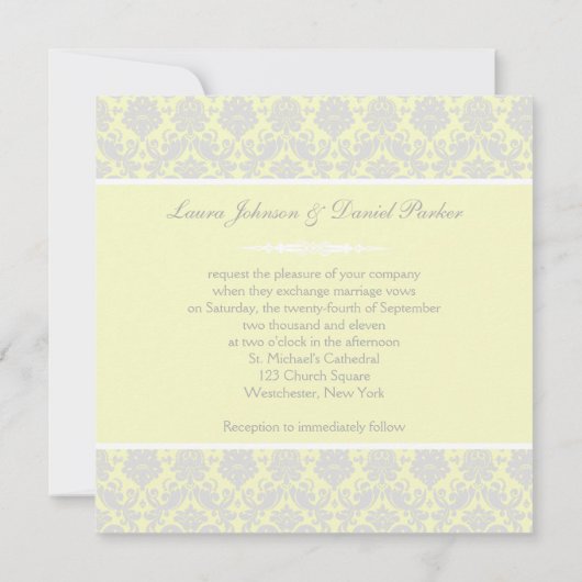 Geel, Wit, en Grijs Damast Uitnodiging van het Huw (Achterkant)
