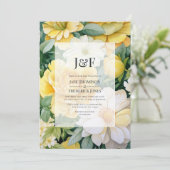 Geel, wit en groen Bloemen bruiloft Monogram Kaart (Staand voorkant)