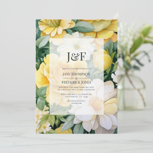 Geel, wit en groen Bloemen bruiloft Monogram Kaart (Staand voorkant)