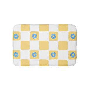 Geel wit geruit met blauw bloemenpatroon badmat