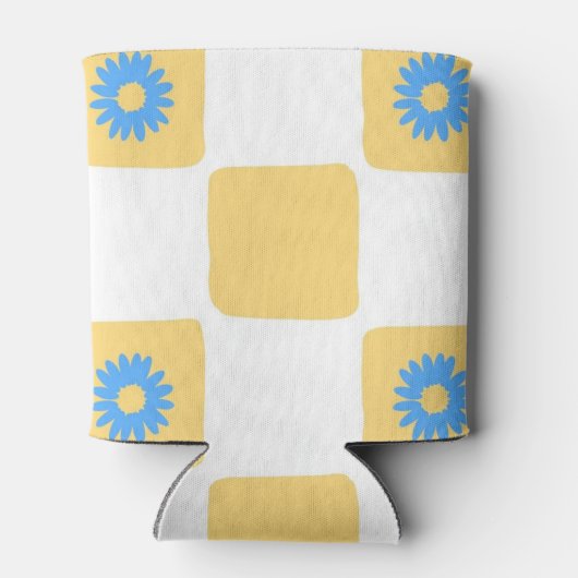 Geel wit geruit met blauw bloemenpatroon blikjeskoeler (Achterkant)