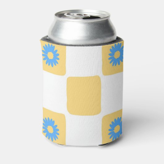 Geel wit geruit met blauw bloemenpatroon blikjeskoeler (Blikje Achterkant)