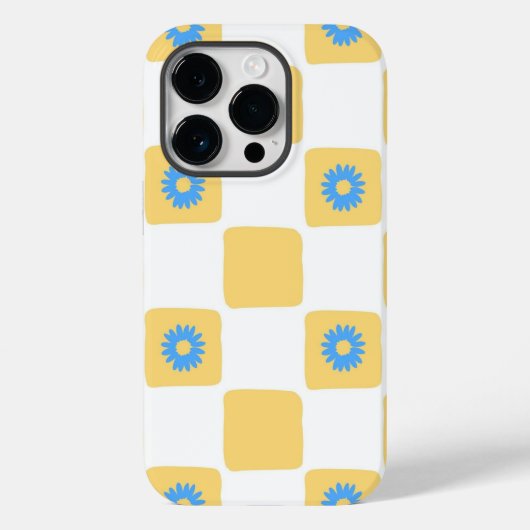 Geel wit geruit met blauw bloemenpatroon Case-Mate iPhone case (Achterkant)