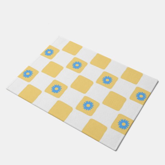 Geel wit geruit met blauw bloemenpatroon deurmat (Schuin)