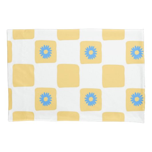 Geel wit geruit met blauw bloemenpatroon kussensloop (Voorkant)
