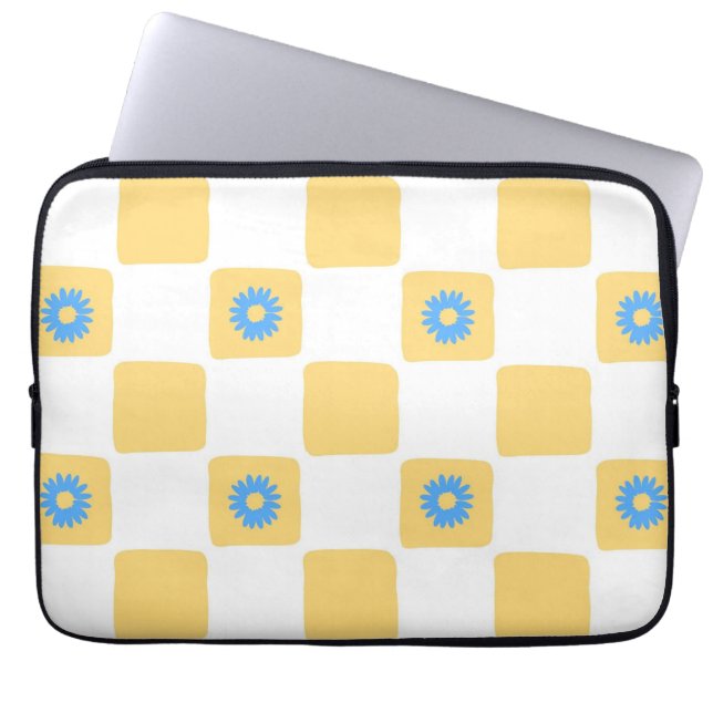 Geel wit geruit met blauw bloemenpatroon laptop sleeve (Voorkant)