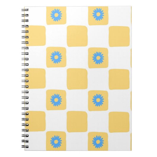 Geel wit geruit met blauw bloemenpatroon notitieboek (Voorkant)
