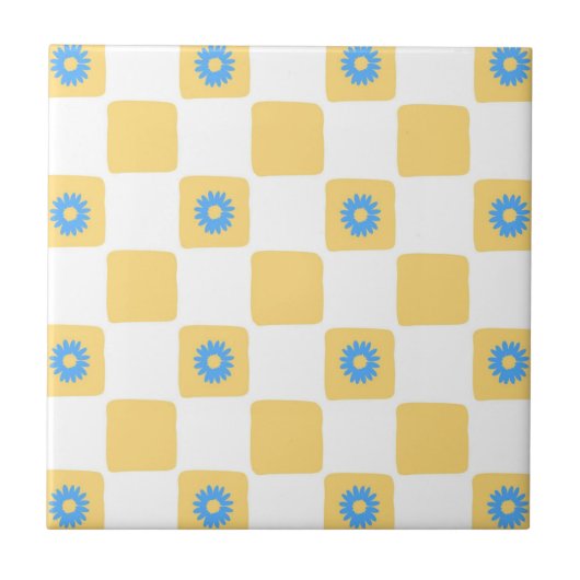 Geel wit geruit met blauw bloemenpatroon tegeltje (Voorkant)