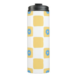 Geel wit geruit met blauw bloemenpatroon thermosbeker
