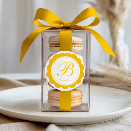 Geel wit geschulpte cirkel monogram dank u ronde sticker