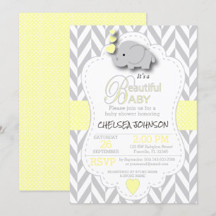 Geel, wit grijs 🐘 Baby shower Kaart