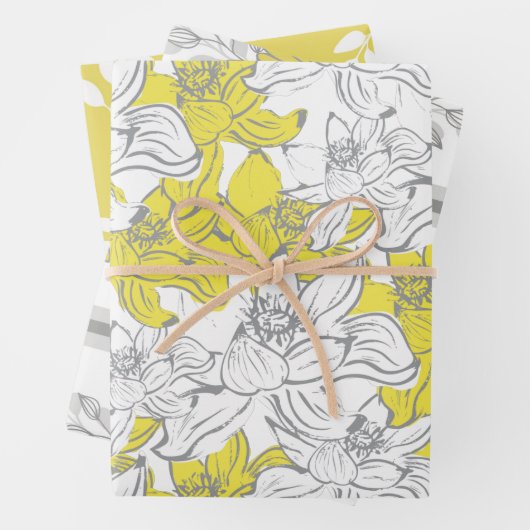 Geel Wit Grijs Bloemen Verjaardag Vrijgezellenfees Inpakpapier Vel (In situ)